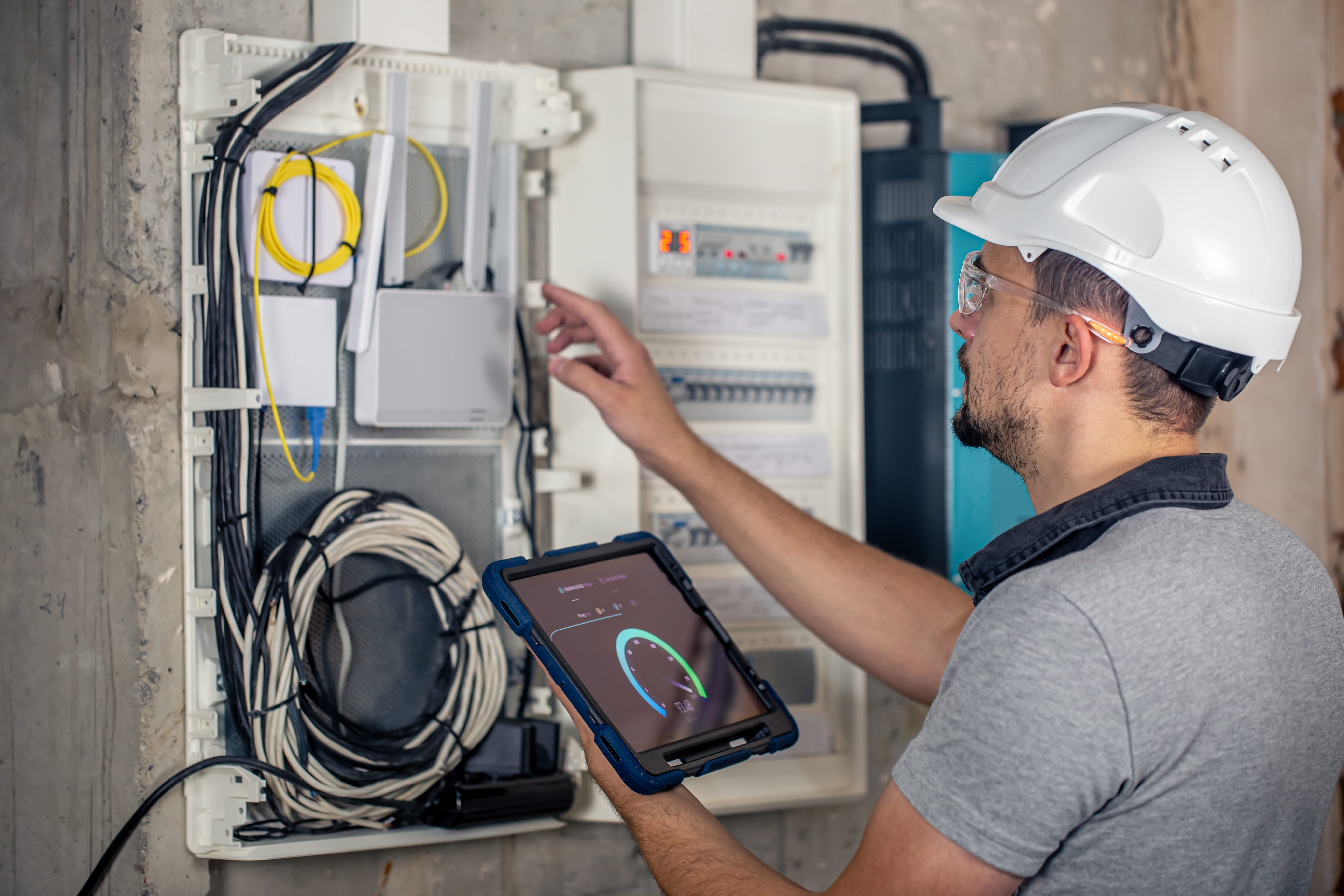 man electrical technician working switchboard with fuses uses tablet